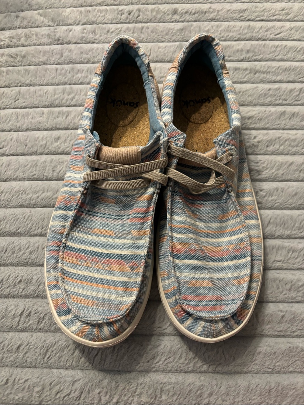 Men’s Sanuk Shaka Lite 2 Blanket Loafers Blue Multi-Stripe Pattern Size 13
